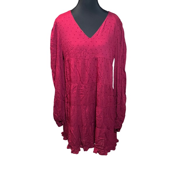 Mi Ami Dresses & Skirts - Mi Ami Burgundy Clip Dot Tiered Mini Dress Long Sleeve V-Neck Boho Wine Sz S